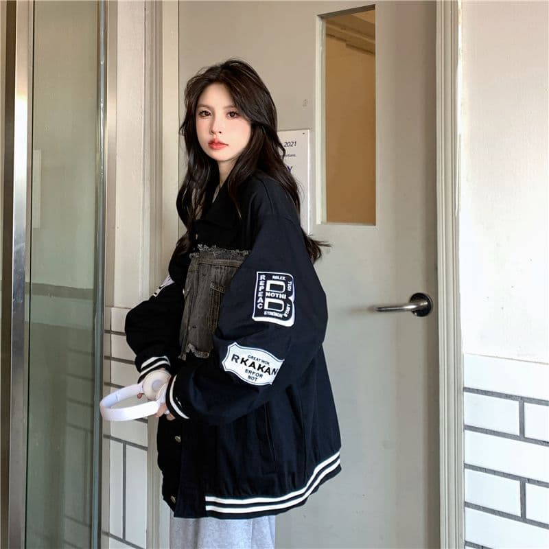 새로운 원본 데님 원단 플러스 네리 데님 재킷 자수 야구 유니폼 재킷 여자 상세 이미지 35