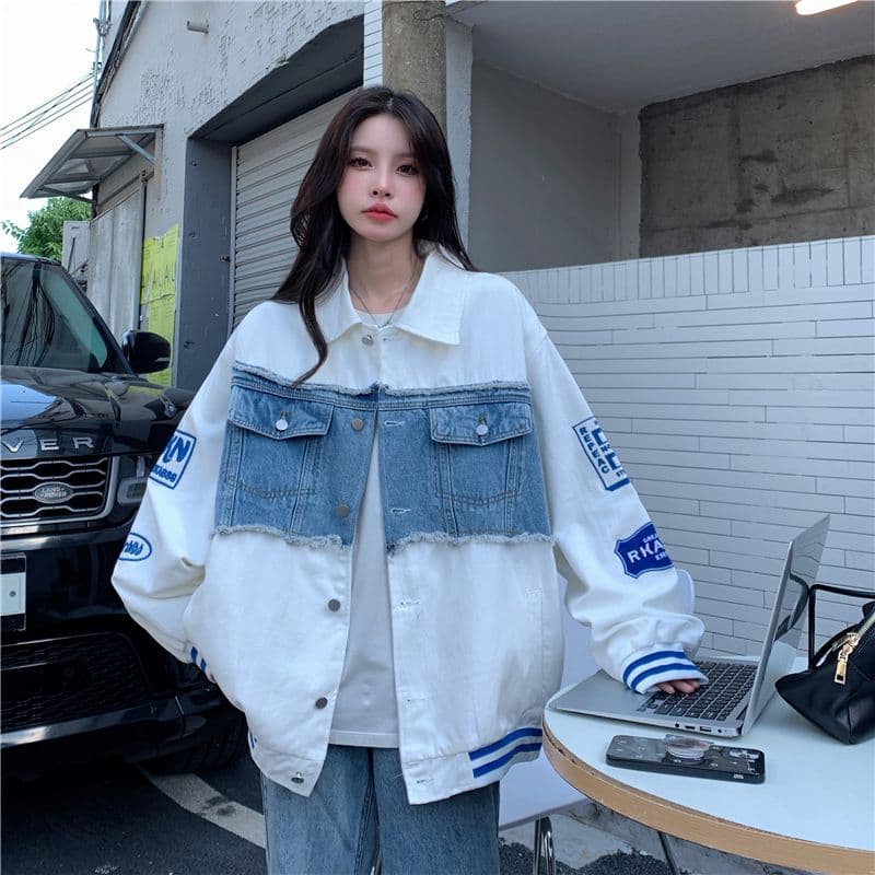 새로운 원본 데님 원단 플러스 네리 데님 재킷 자수 야구 유니폼 재킷 여자 상세 이미지 37