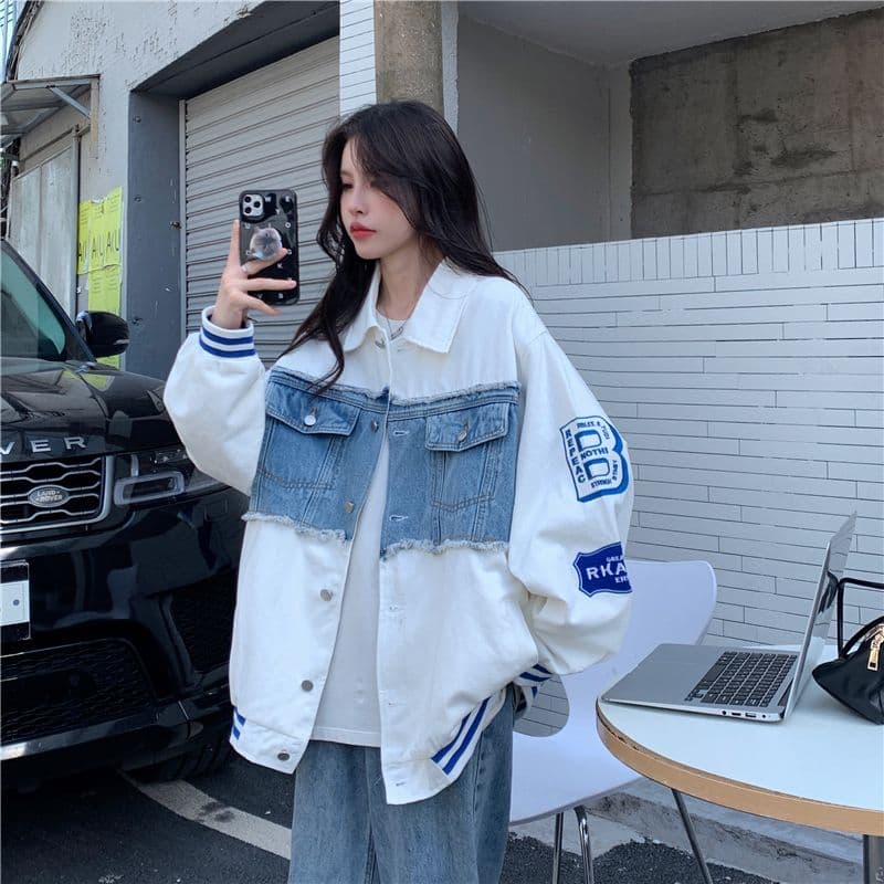 새로운 원본 데님 원단 플러스 네리 데님 재킷 자수 야구 유니폼 재킷 여자 상세 이미지 38