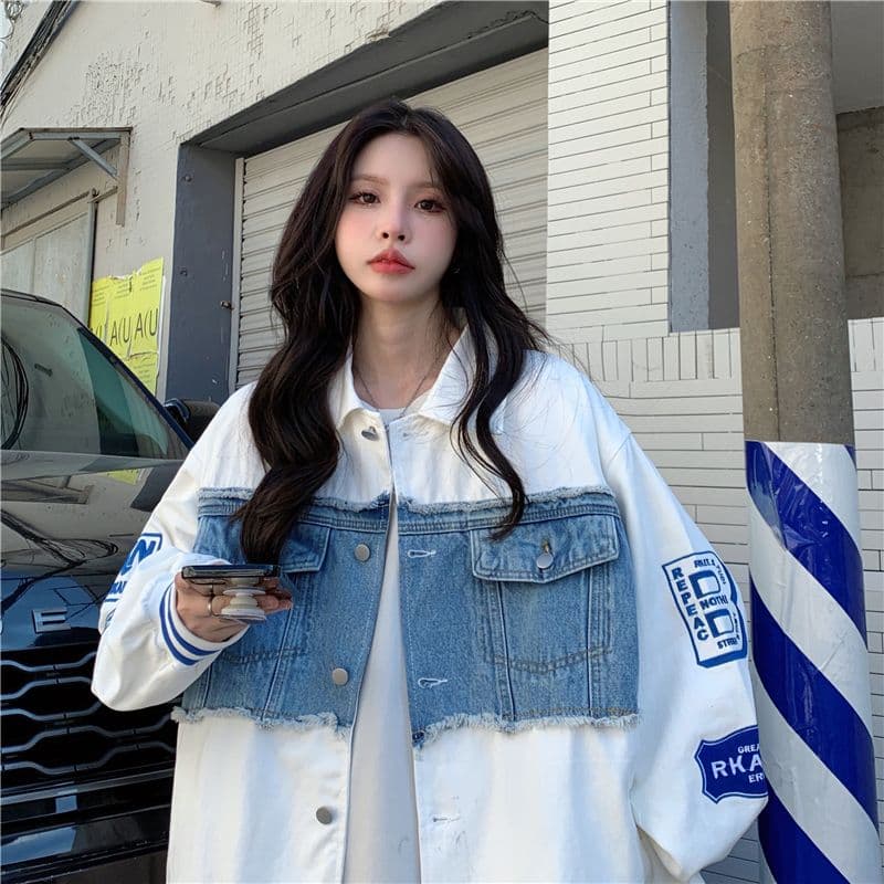 새로운 원본 데님 원단 플러스 네리 데님 재킷 자수 야구 유니폼 재킷 여자 상세 이미지 42