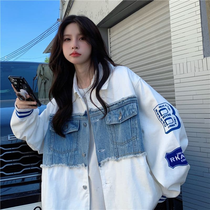 새로운 원본 데님 원단 플러스 네리 데님 재킷 자수 야구 유니폼 재킷 여자 상세 이미지 43