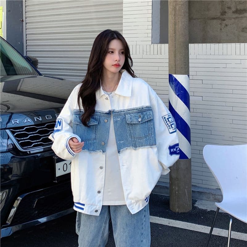 새로운 원본 데님 원단 플러스 네리 데님 재킷 자수 야구 유니폼 재킷 여자 상세 이미지 44