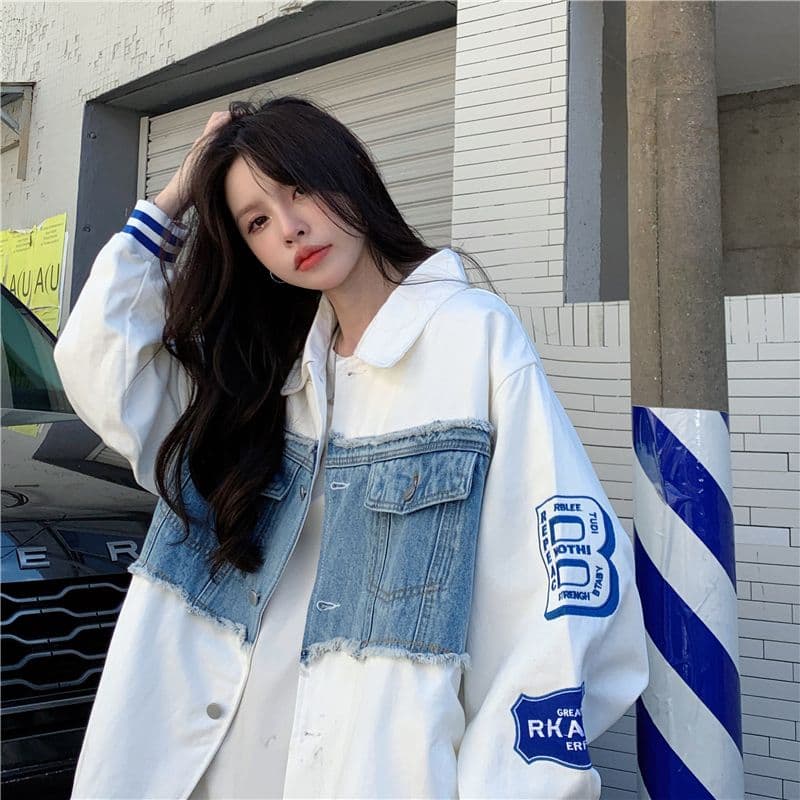 새로운 원본 데님 원단 플러스 네리 데님 재킷 자수 야구 유니폼 재킷 여자 상세 이미지 45