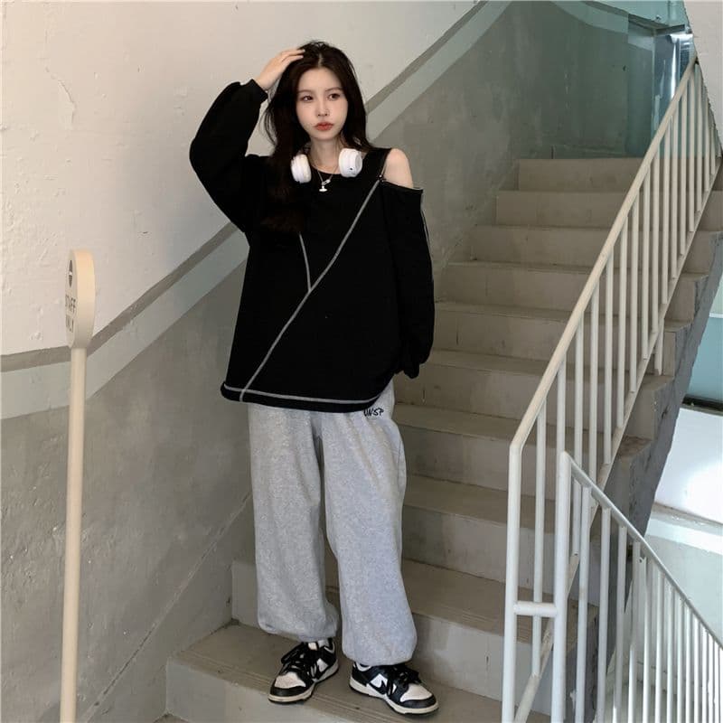 새로운 실사 특별 빅 사이즈 300 근 오프숄더 후드티 여성 지퍼 루즈핏 빅 사이즈 여성 이미지 2