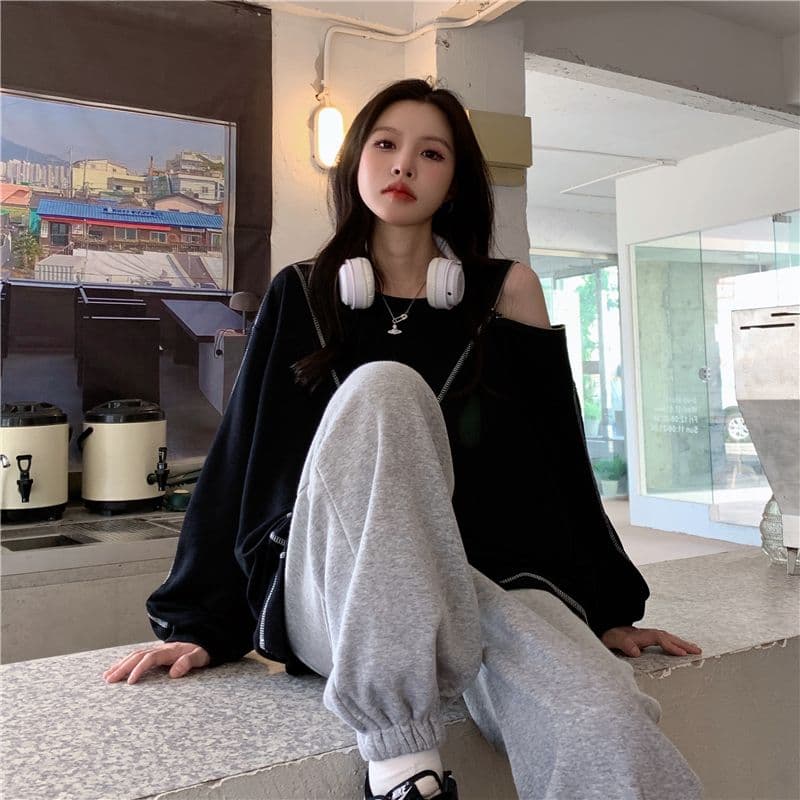 새로운 실사 특별 빅 사이즈 300 근 오프숄더 후드티 여성 지퍼 루즈핏 빅 사이즈 여성 상세 이미지 16