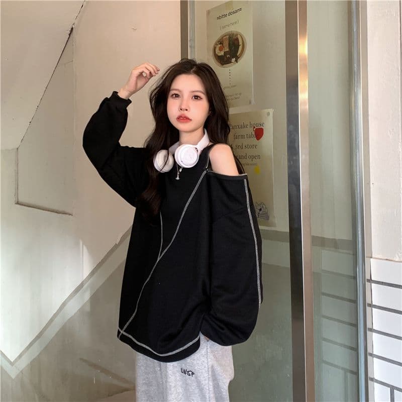 새로운 실사 특별 빅 사이즈 300 근 오프숄더 후드티 여성 지퍼 루즈핏 빅 사이즈 여성 상세 이미지 17