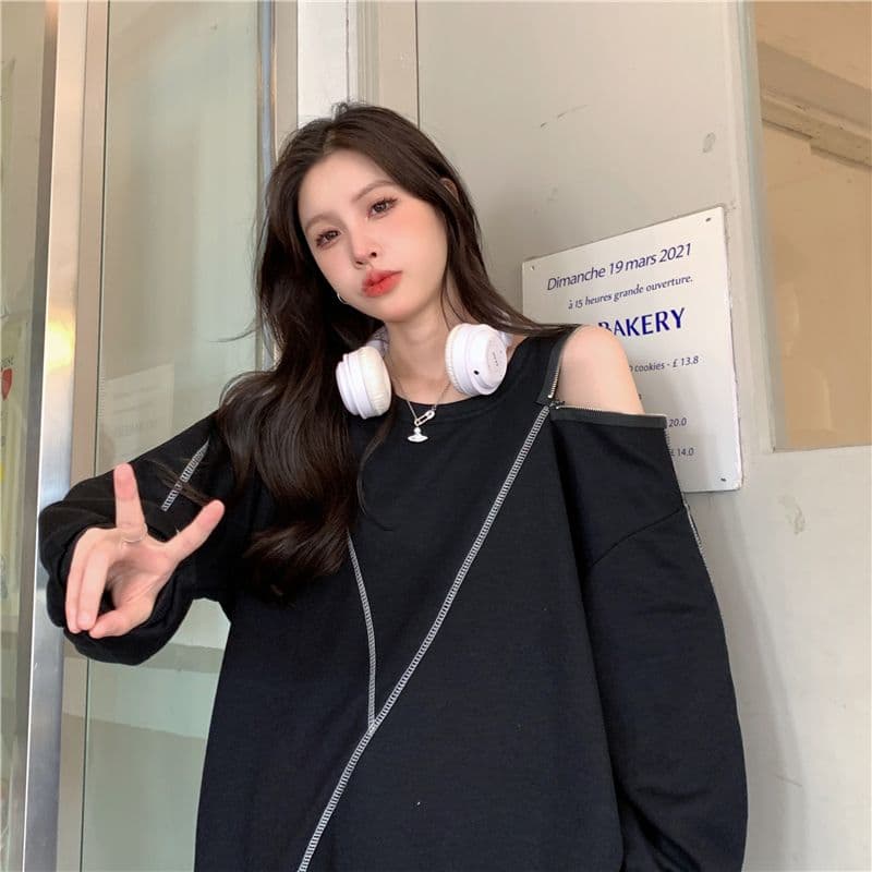 새로운 실사 특별 빅 사이즈 300 근 오프숄더 후드티 여성 지퍼 루즈핏 빅 사이즈 여성 상세 이미지 23