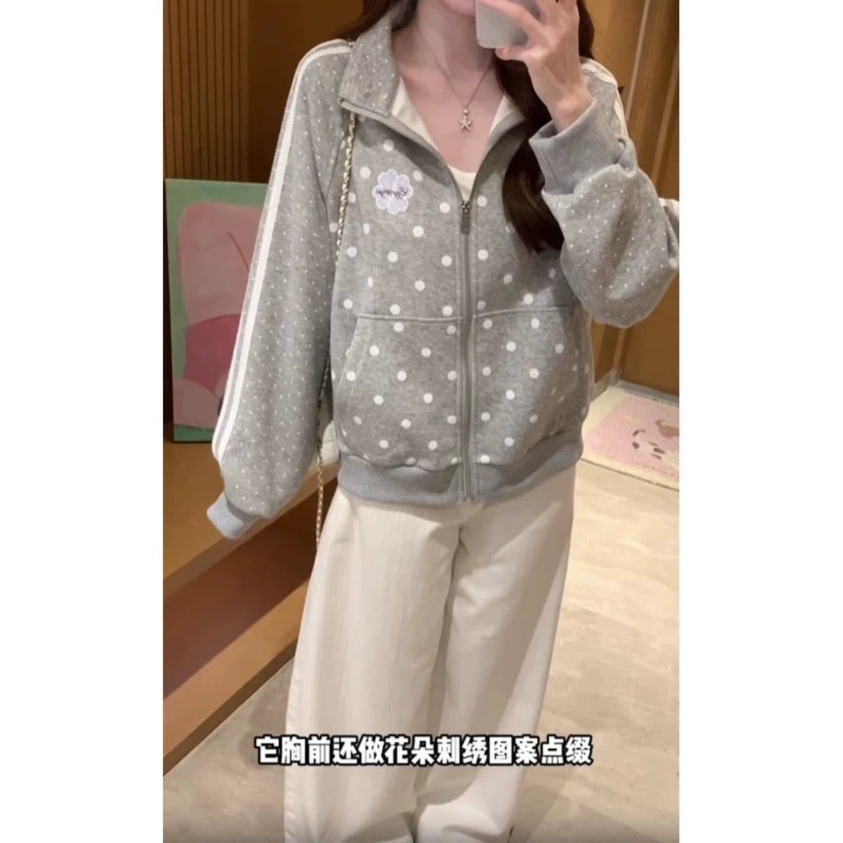 새로운 한 부서 자이언트 잘 생긴 도트 무늬 여성 코트 가을 루즈핏 캐주얼 고급 센스 스트라이프 야구 유니폼 재킷 상세 이미지 3