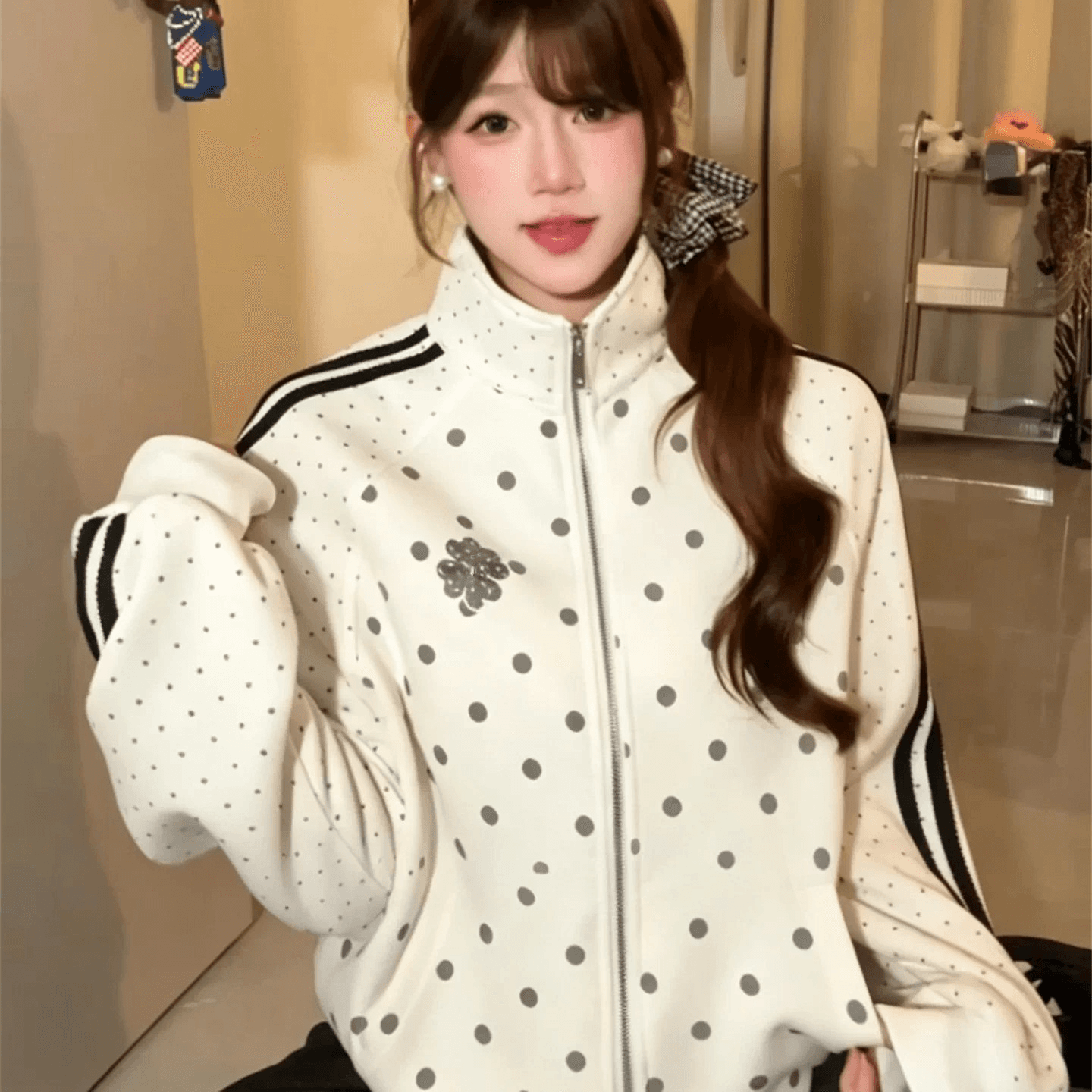 새로운 한 부서 자이언트 잘 생긴 도트 무늬 여성 코트 가을 루즈핏 캐주얼 고급 센스 스트라이프 야구 유니폼 재킷 이미지 4