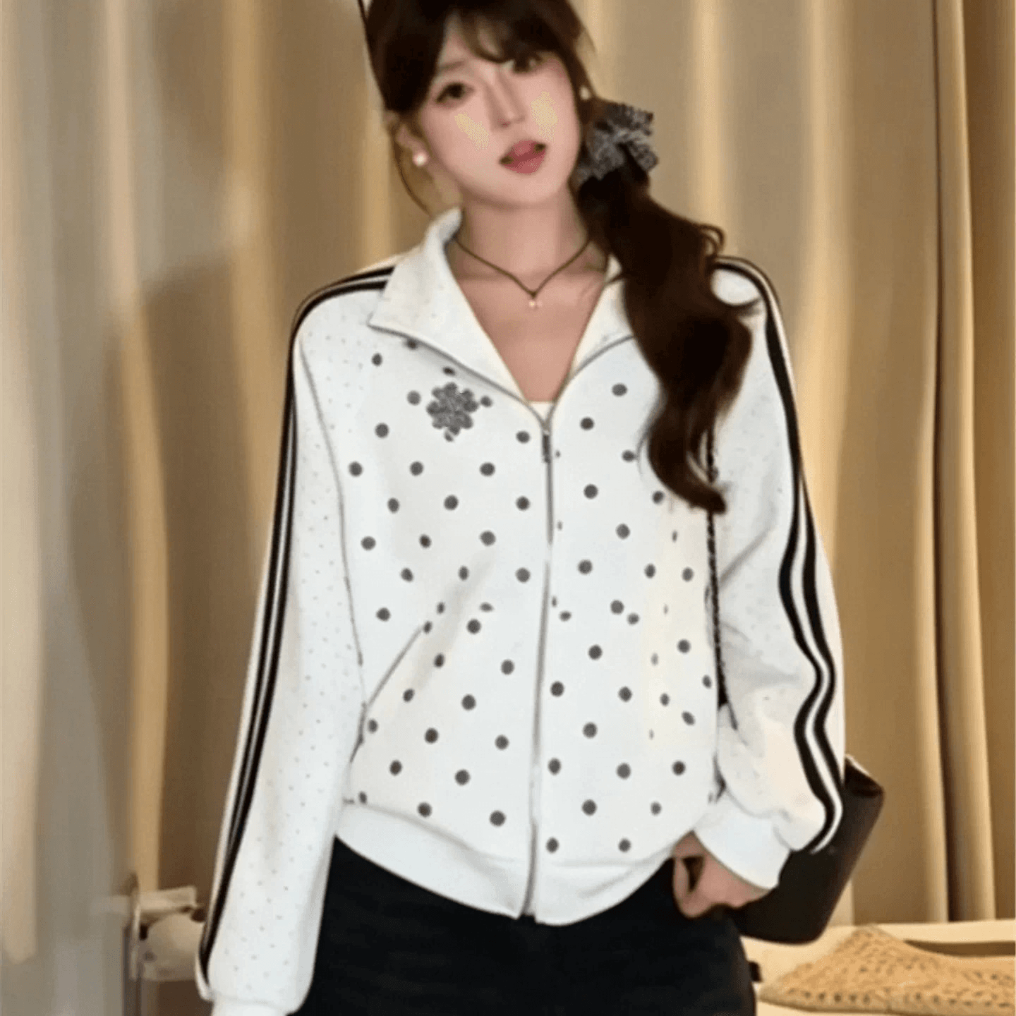 새로운 한 부서 자이언트 잘 생긴 도트 무늬 여성 코트 가을 루즈핏 캐주얼 고급 센스 스트라이프 야구 유니폼 재킷 이미지 3