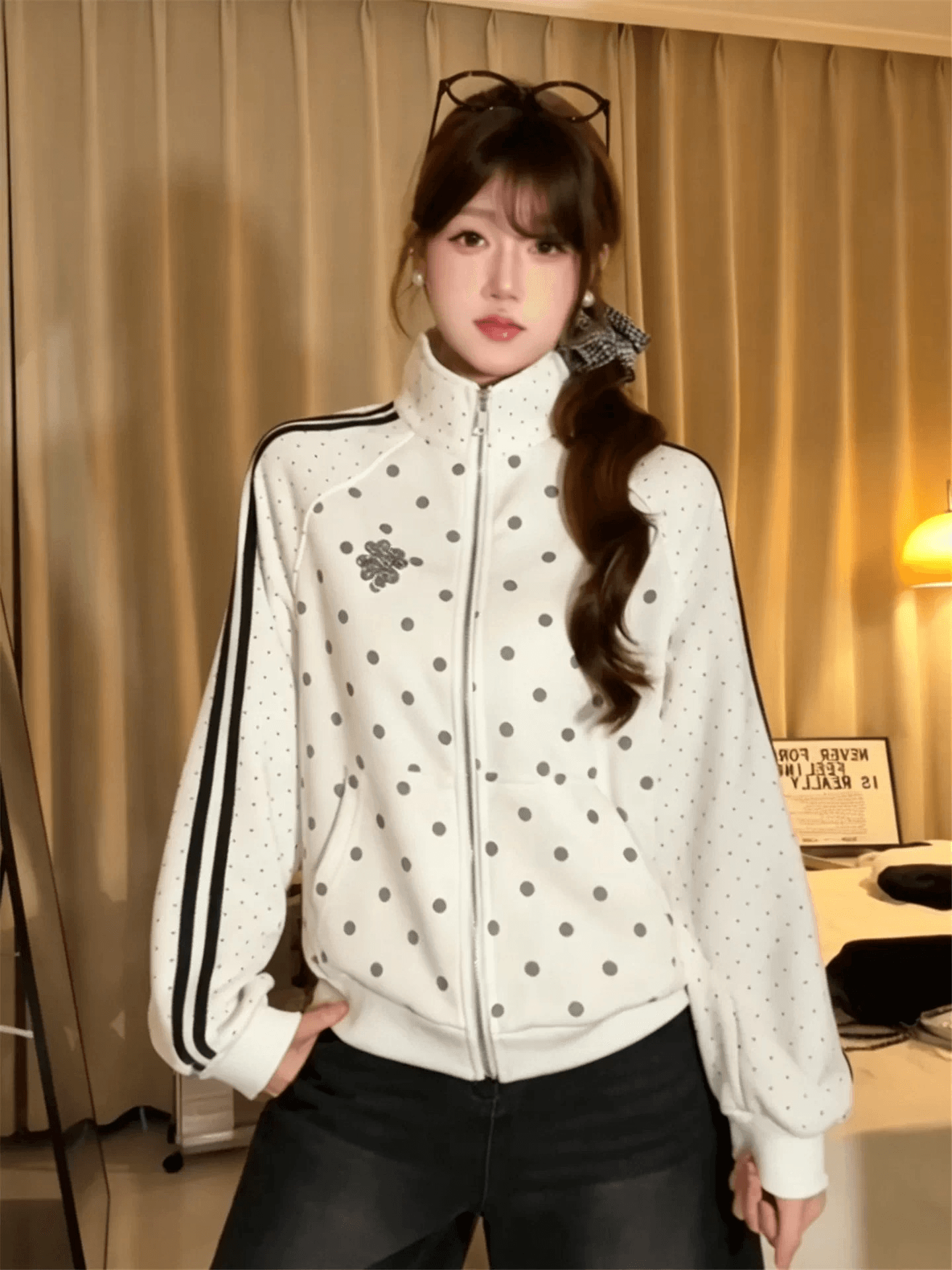 새로운 한 부서 자이언트 잘 생긴 도트 무늬 여성 코트 가을 루즈핏 캐주얼 고급 센스 스트라이프 야구 유니폼 재킷 상세 이미지 3