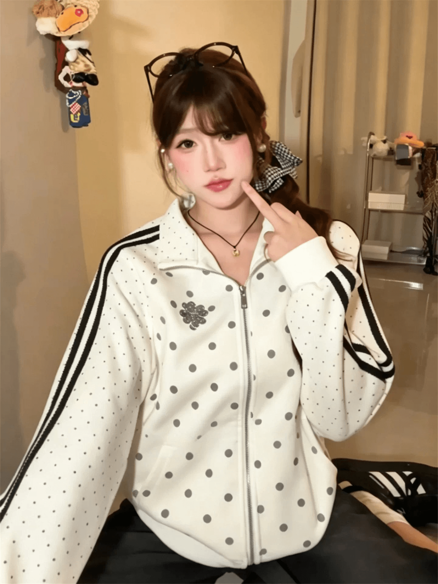 새로운 한 부서 자이언트 잘 생긴 도트 무늬 여성 코트 가을 루즈핏 캐주얼 고급 센스 스트라이프 야구 유니폼 재킷 상세 이미지 5