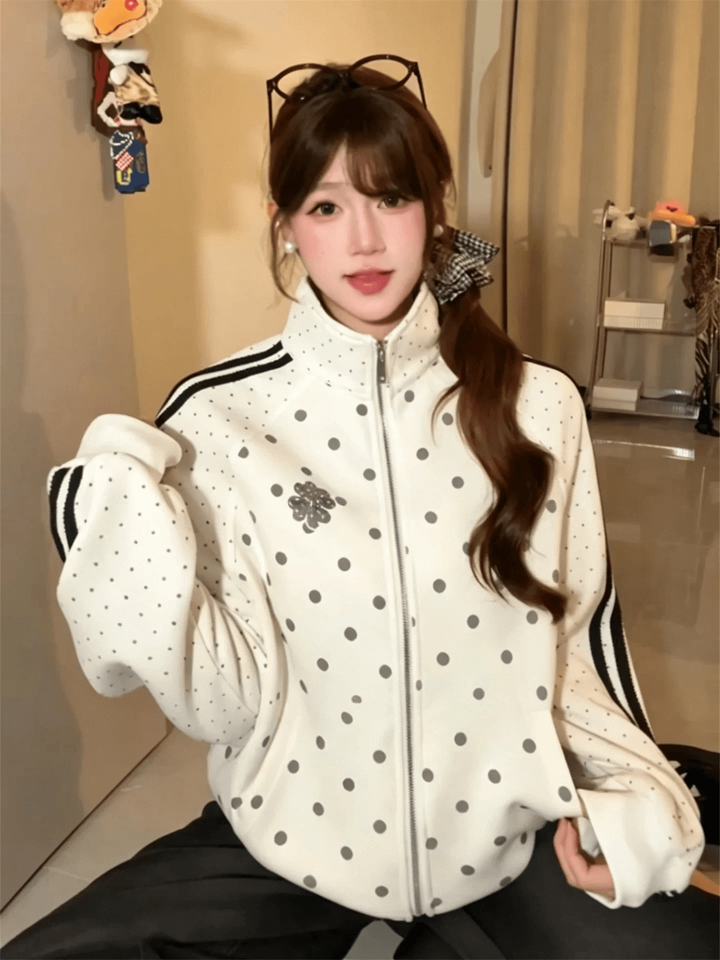 새로운 한 부서 자이언트 잘 생긴 도트 무늬 여성 코트 가을 루즈핏 캐주얼 고급 센스 스트라이프 야구 유니폼 재킷 상세 이미지 6