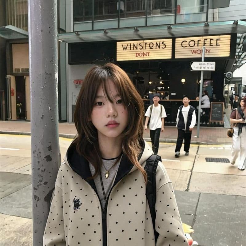 새로운 가을로 필수 배색 지퍼 한 부서 도트 무늬 후드 오픈 가디건 루즈핏 캐주얼 후드티 재킷 이미지 2