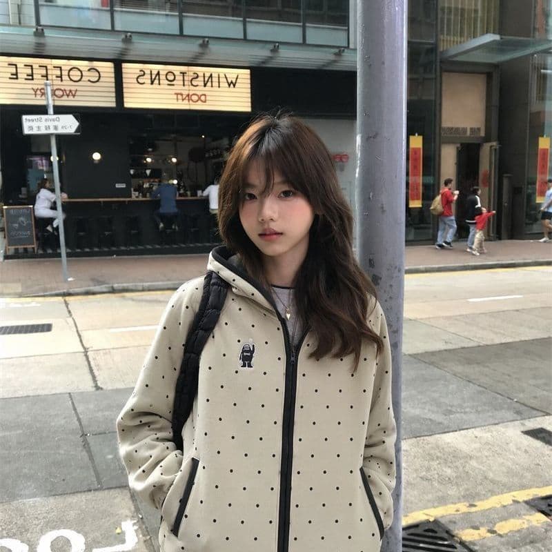 새로운 가을로 필수 배색 지퍼 한 부서 도트 무늬 후드 오픈 가디건 루즈핏 캐주얼 후드티 재킷 이미지 4