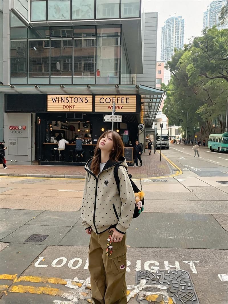 새로운 가을로 필수 배색 지퍼 한 부서 도트 무늬 후드 오픈 가디건 루즈핏 캐주얼 후드티 재킷 상세 이미지 3