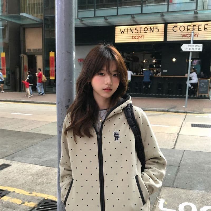 새로운 가을로 필수 배색 지퍼 한 부서 도트 무늬 후드 오픈 가디건 루즈핏 캐주얼 후드티 재킷 상세 이미지 7