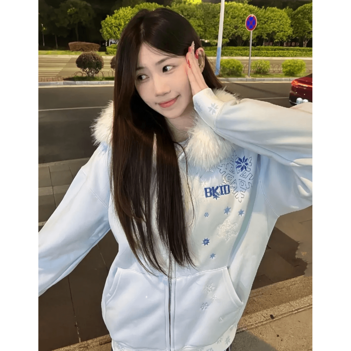 새로운 은 여우 플러시 자수 경기 탈착식 플리스 후드 오픈 가디건 지퍼 후드티 이미지 2