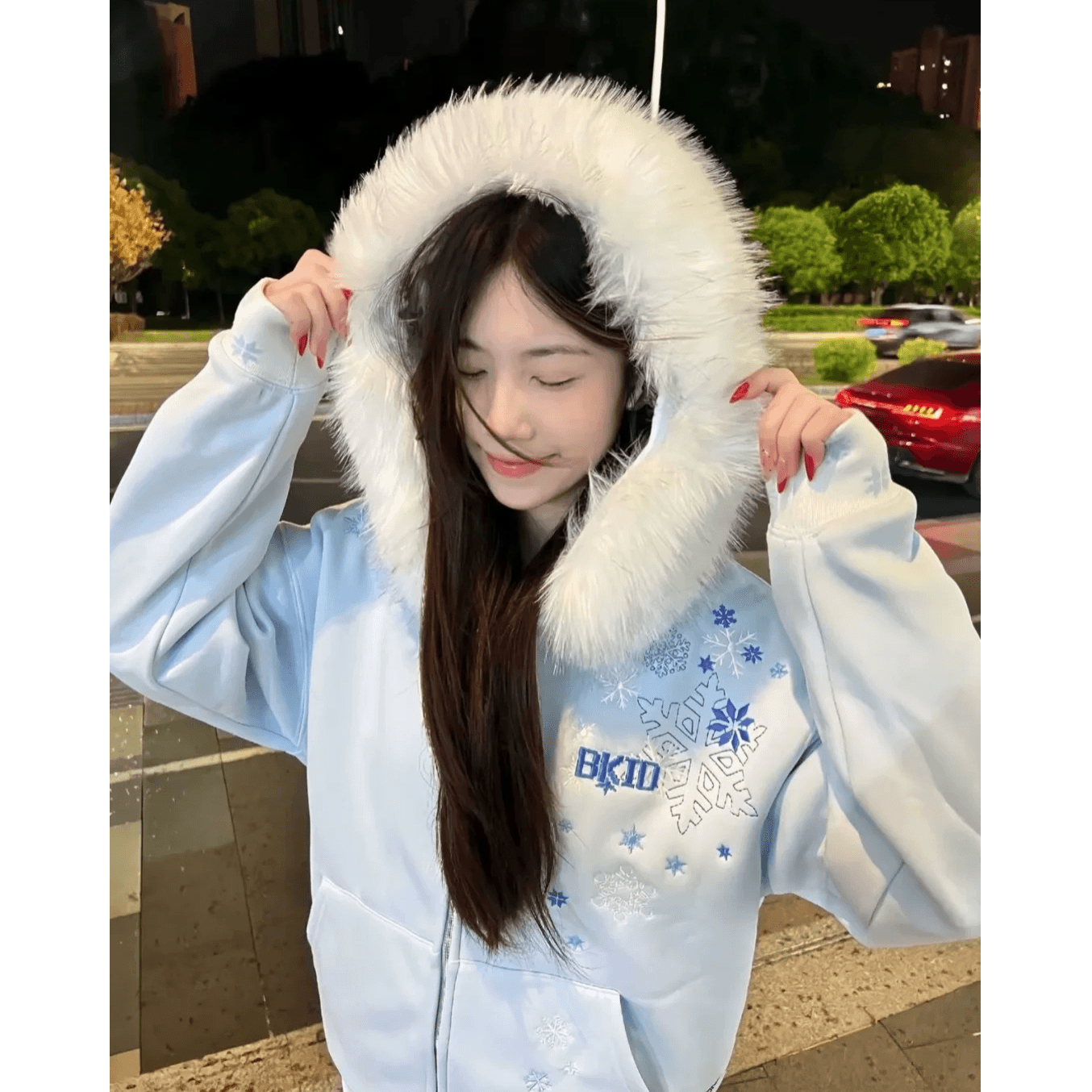 새로운 은 여우 플러시 자수 경기 탈착식 플리스 후드 오픈 가디건 지퍼 후드티 상세 이미지 2