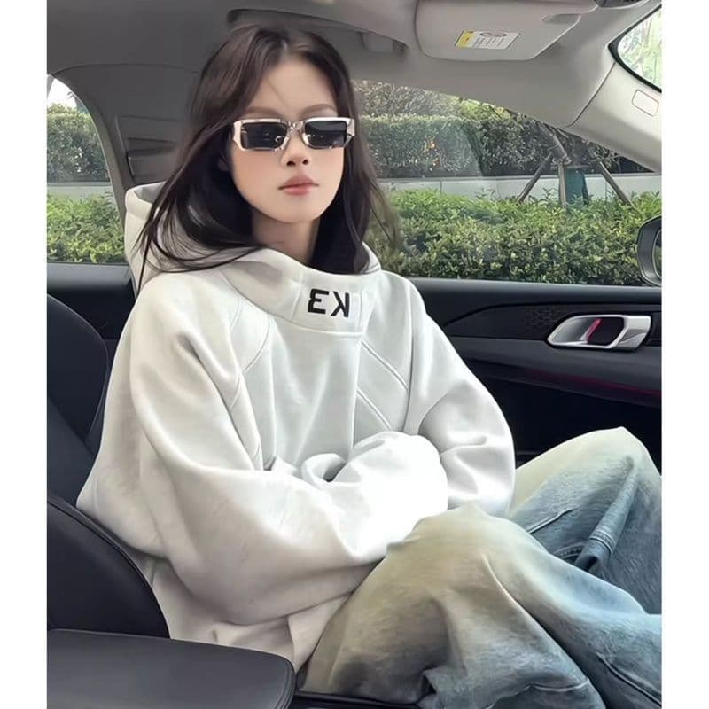 새로운 얇은 두꺼움 자수 디자인 센스 후드 가을 겨울 후드티 상세 이미지 3