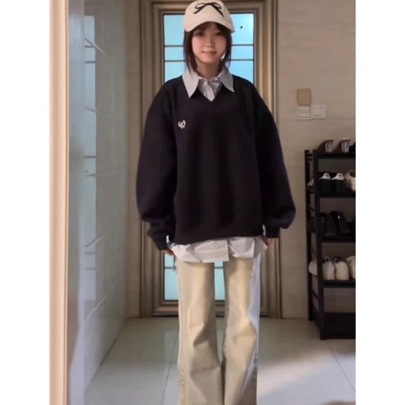 새로운 얇은 두꺼움 자수 패치워크 배색 페이크 레이어드 후드티 이미지 3