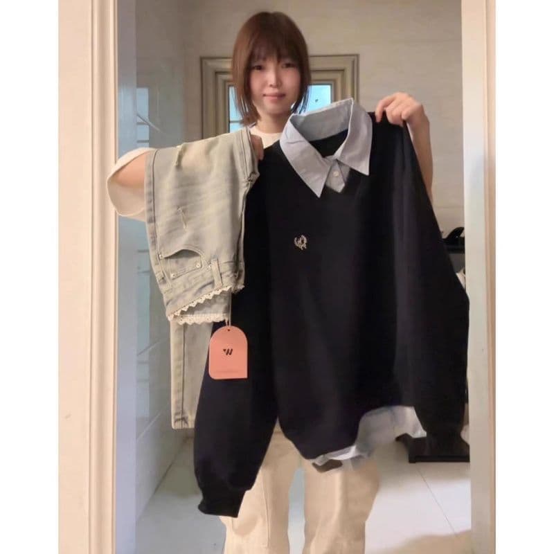 새로운 얇은 두꺼움 자수 패치워크 배색 페이크 레이어드 후드티 상세 이미지 3