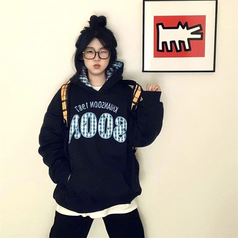 새로운 얇은 두꺼움 배색 패치워크 체크무늬 알파벳 패치 자수 루즈핏 에디션 후드