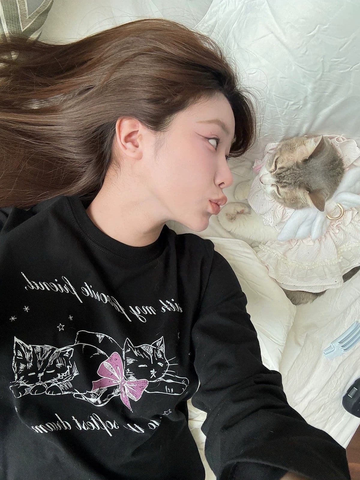 봄 가을 새로운 이후 패키지 칼라 긴팔 라운드 넥 티셔츠 고양이 프린트 맨위