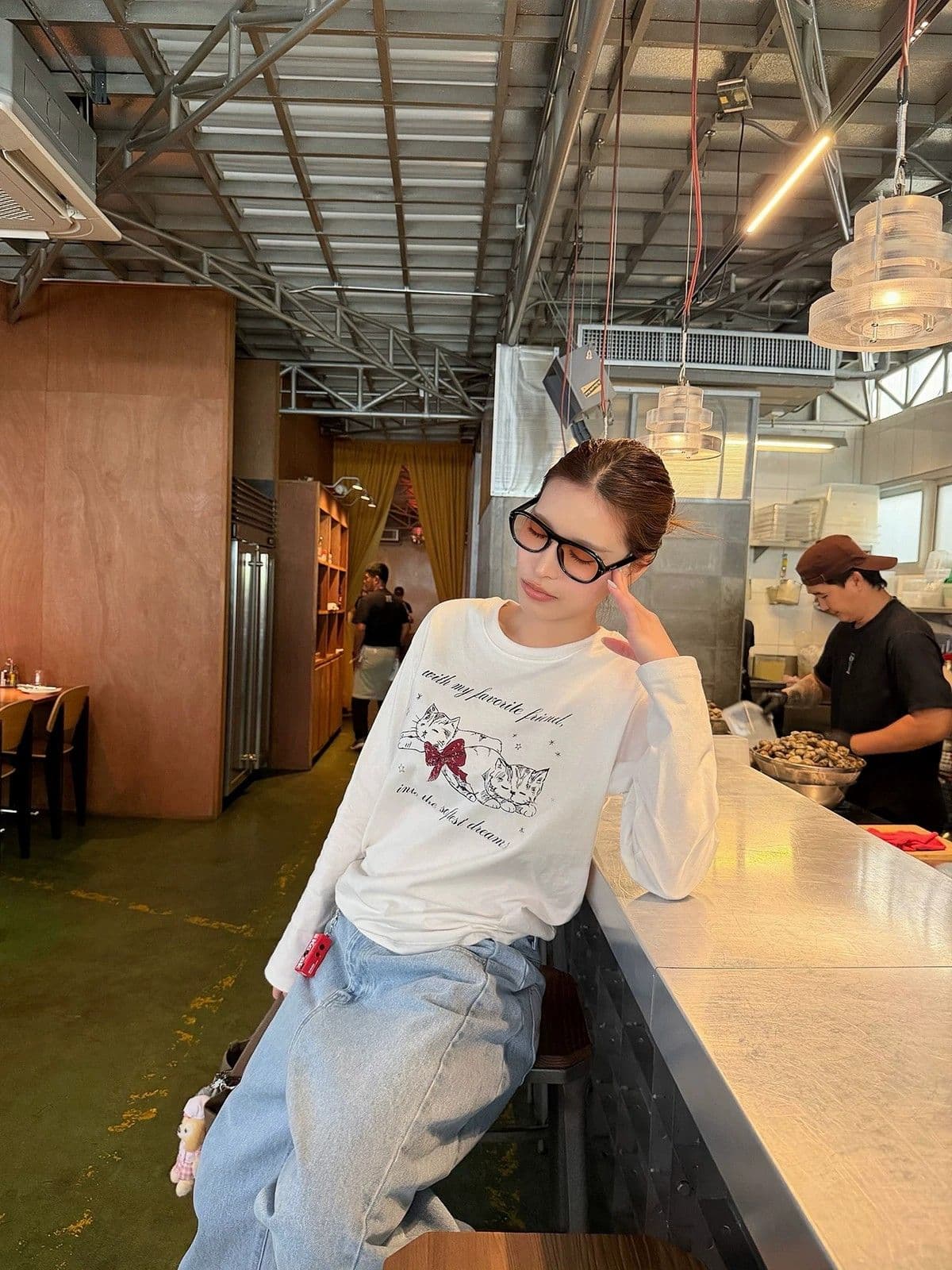 봄 가을 새로운 이후 패키지 칼라 긴팔 라운드 넥 티셔츠 고양이 프린트 맨위 상세 이미지 5