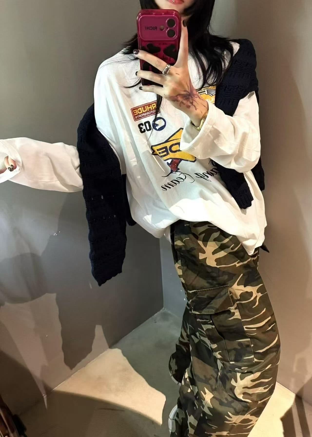 봄 가을 새로운 이후 패키지 칼라 긴팔 라운드 넥 티셔츠 알파벳 프린트 이미지 2