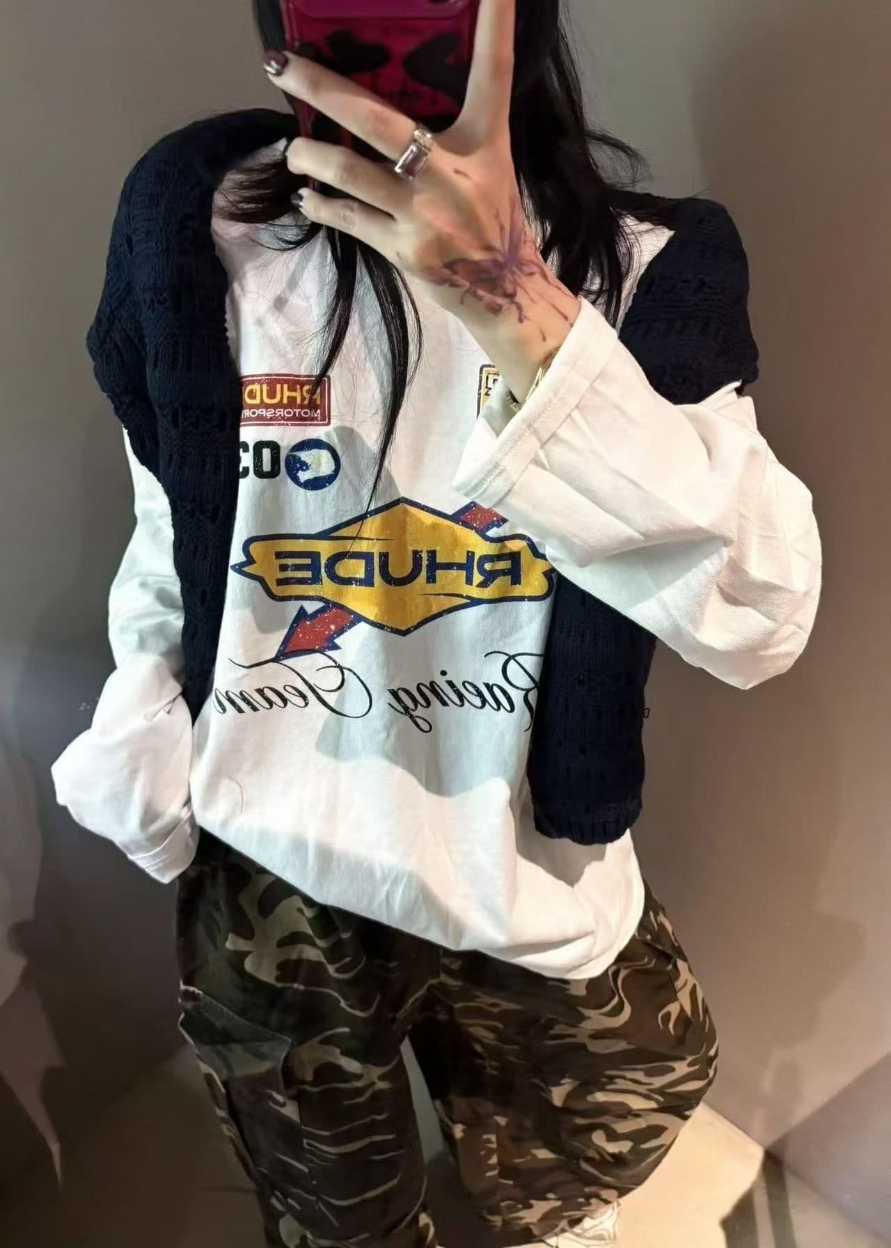 봄 가을 새로운 이후 패키지 칼라 긴팔 라운드 넥 티셔츠 알파벳 프린트