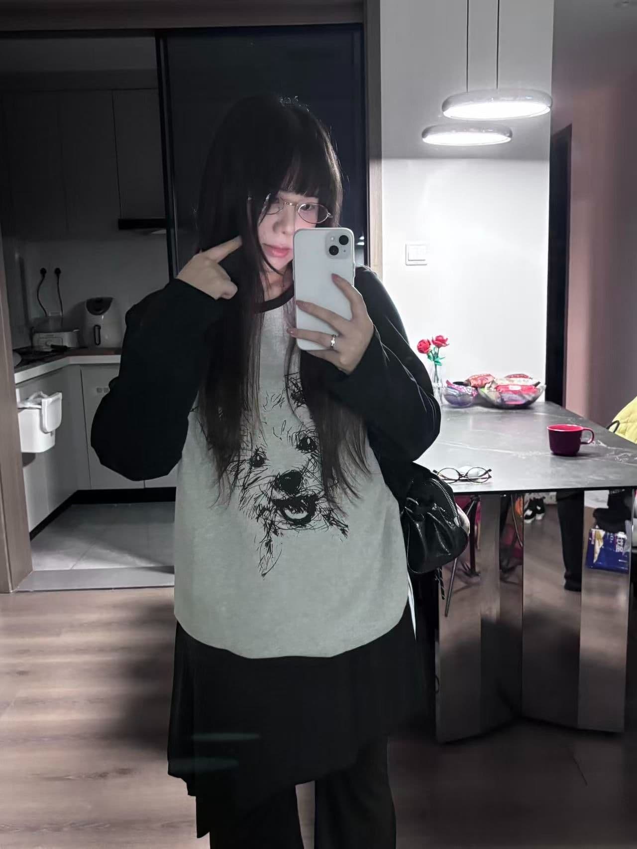 새로운 생방송 품질 삽입 어깨 소매 당겨서 기사 이후 패키지 칼라 개 프린트 상세 이미지 6