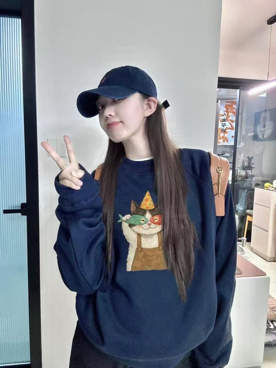 새로운 생방송 품질 복합 얇은 스타일 은 여우 플러시 털이 있는 라운드 넥 고양이 프린트 상세 이미지 3