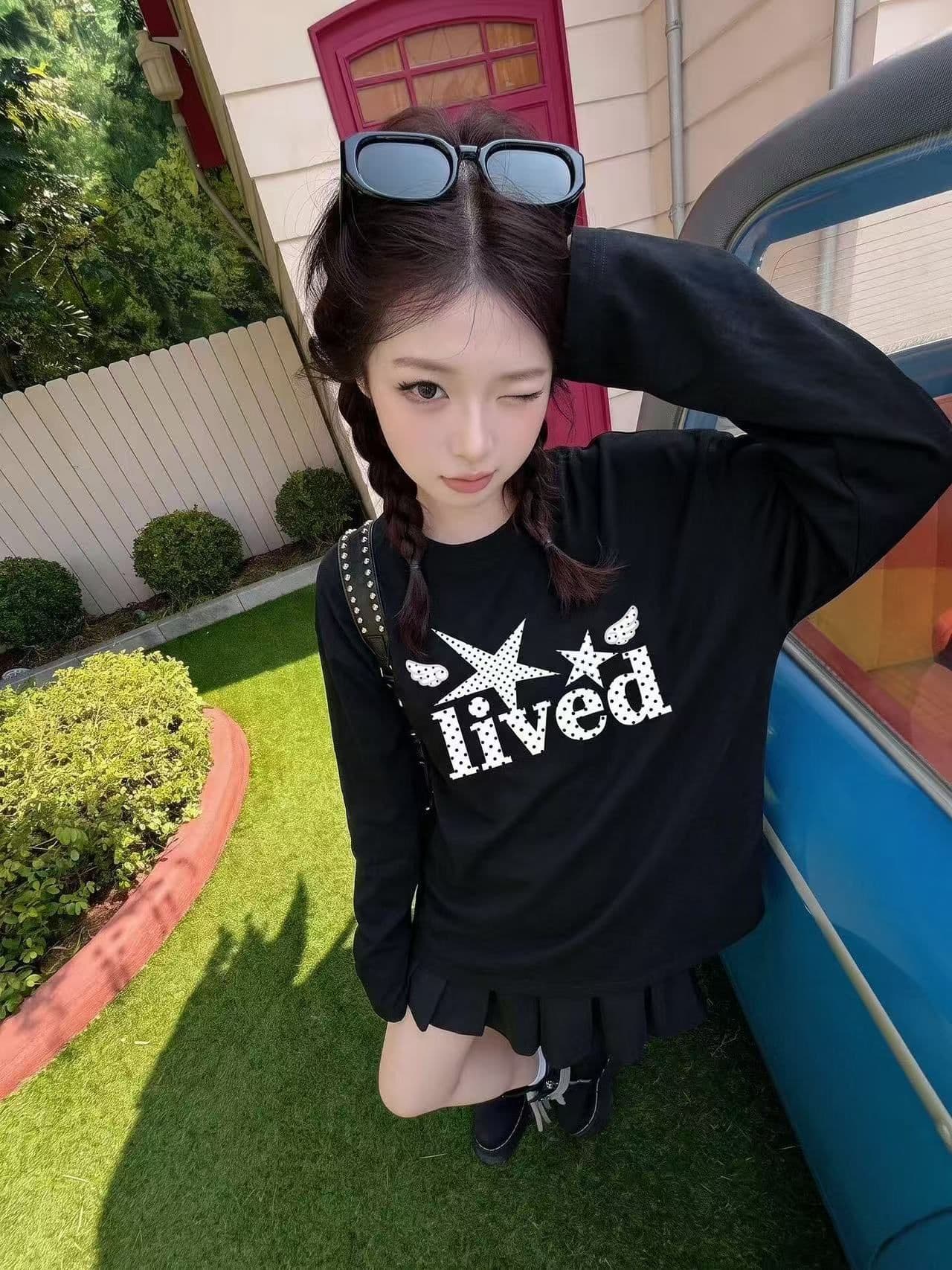 봄 가을 새로운 이후 패키지 칼라 긴팔 라운드 넥 티셔츠 도트 무늬 알파벳 프린트 상세 이미지 2