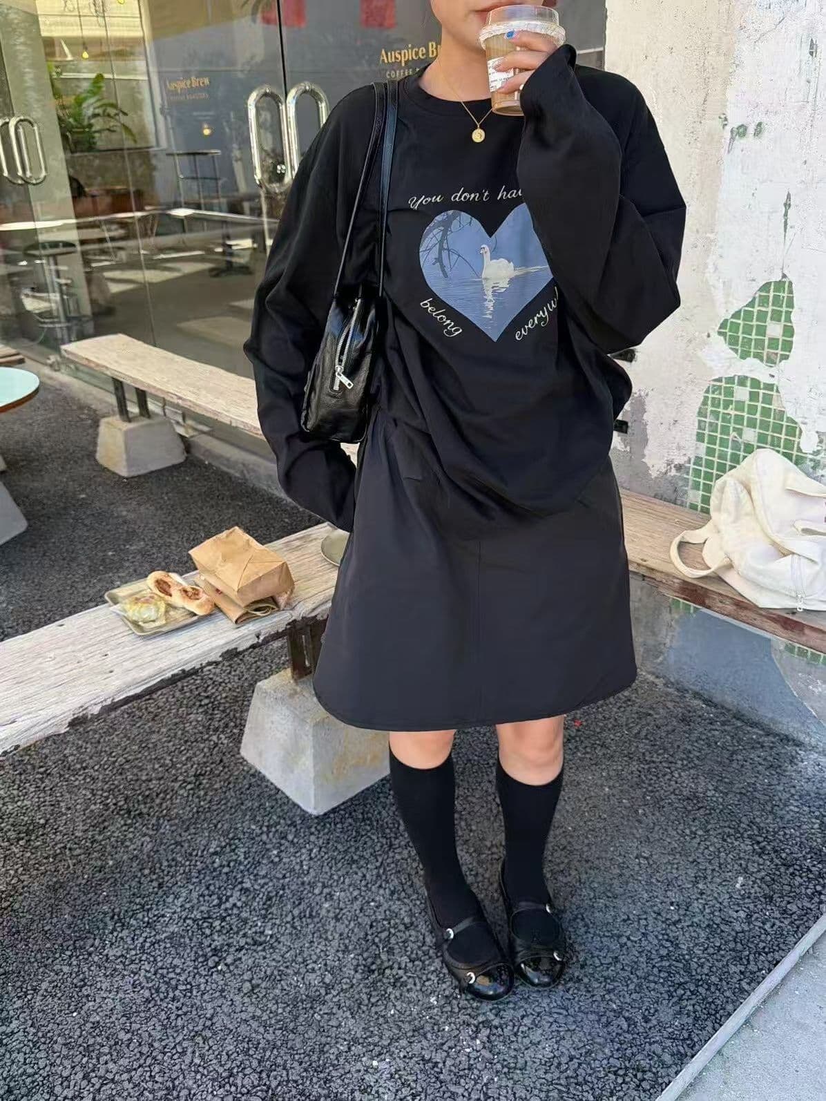 봄 가을 새로운 이후 패키지 칼라 긴팔 라운드 넥 티셔츠 하트 알파벳 프린트 이미지 3