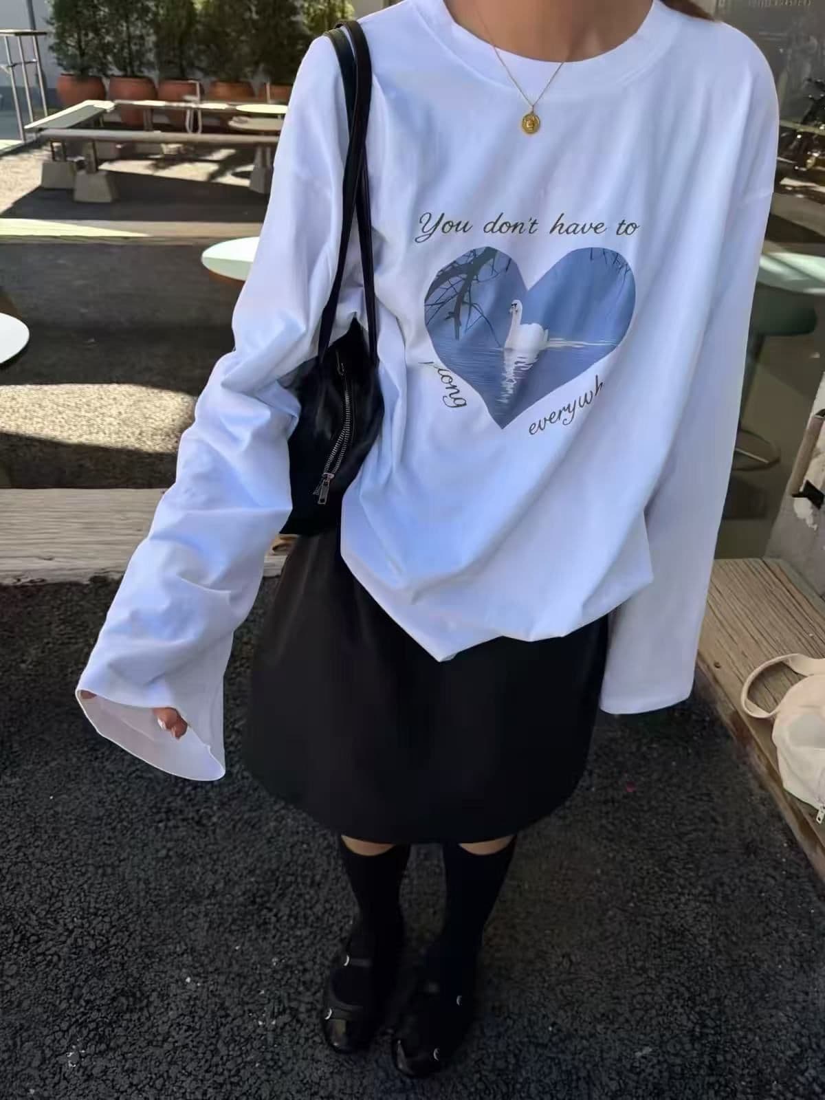 봄 가을 새로운 이후 패키지 칼라 긴팔 라운드 넥 티셔츠 하트 알파벳 프린트