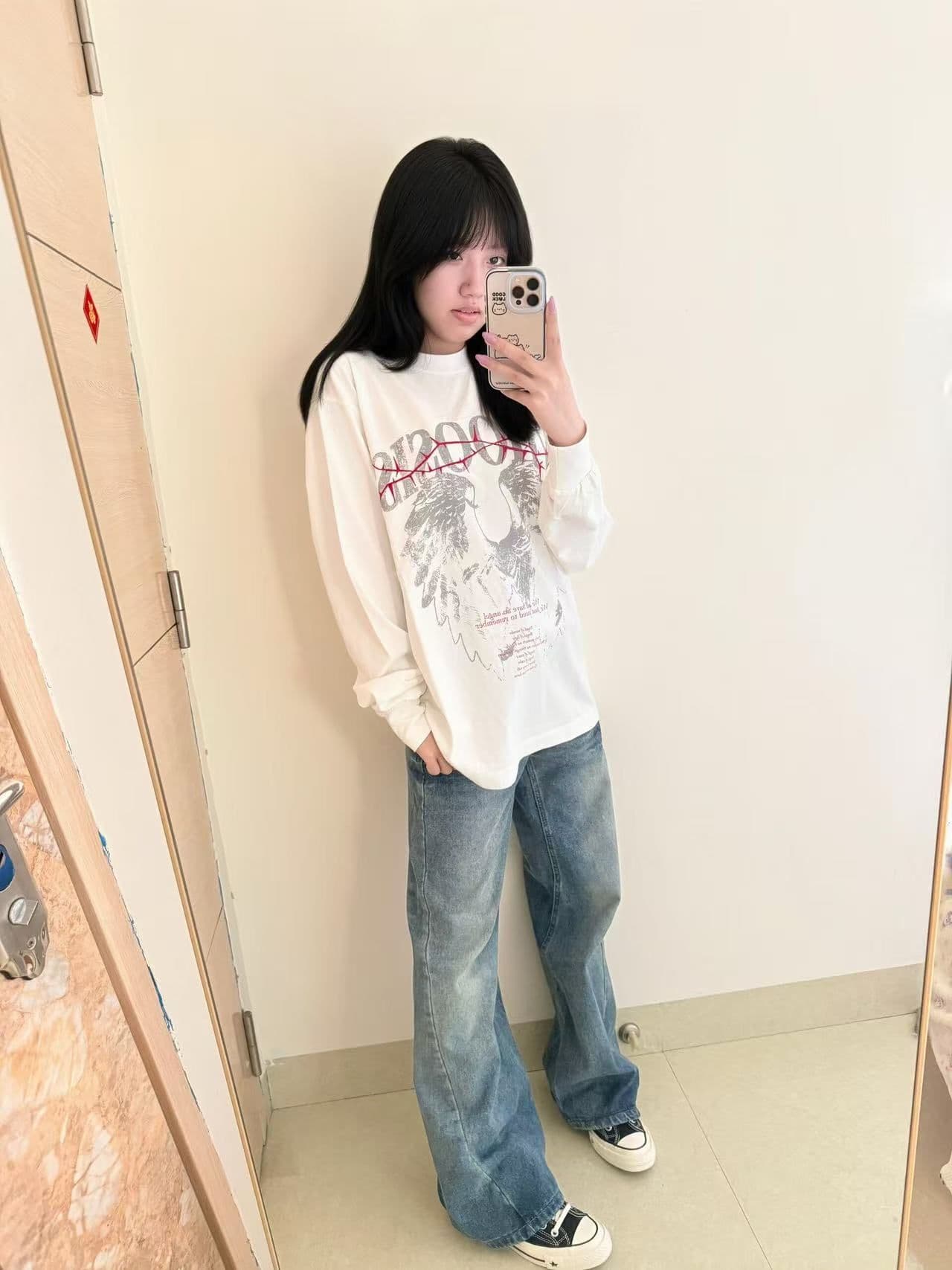 봄 가을 새로운 이후 패키지 칼라 긴팔 Luokou 티셔츠 날개 프린트 이미지 3