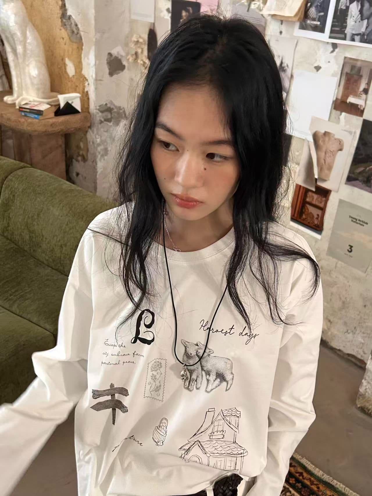 봄 가을 새로운 이후 패키지 칼라 긴팔 라운드 넥 티셔츠 만화 프린트 맨위 이미지 3