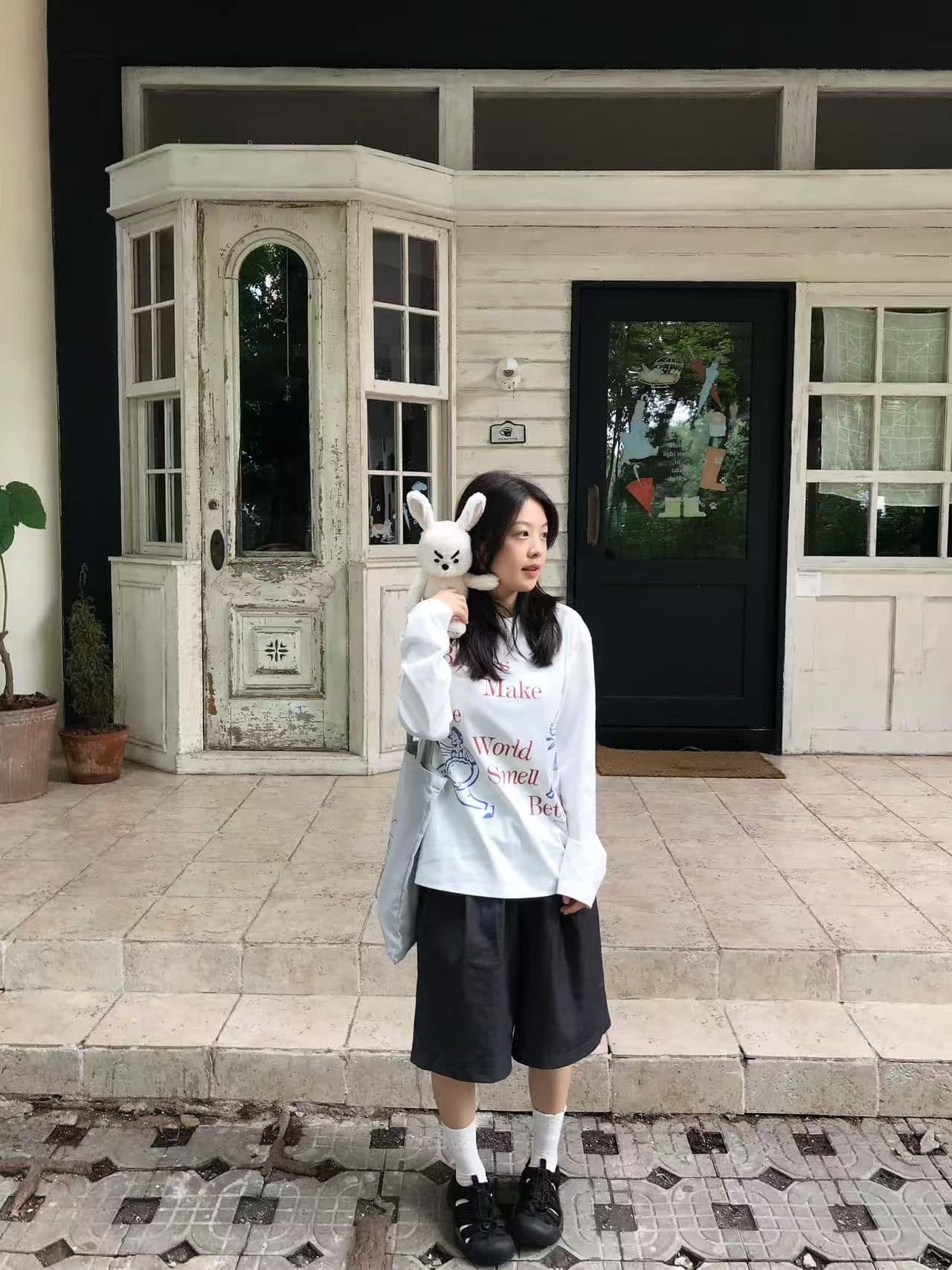 봄 가을 새로운 이후 패키지 칼라 긴팔 라운드 넥 티셔츠 만화 알파벳 프린트 상세 이미지 6