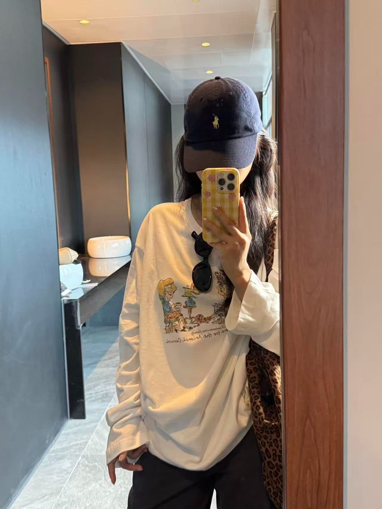 봄 가을 새로운 이후 패키지 칼라 긴팔 라운드 넥 티셔츠 만화 프린트