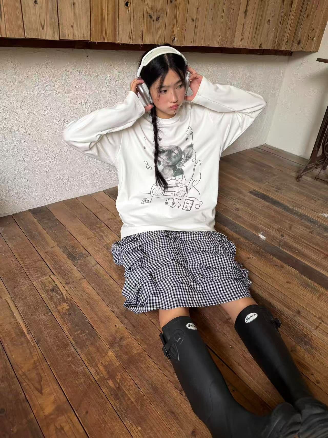 봄 가을 새로운 이후 패키지 칼라 긴팔 라운드 넥 티셔츠 헤드폰 개 프린트 이미지 2