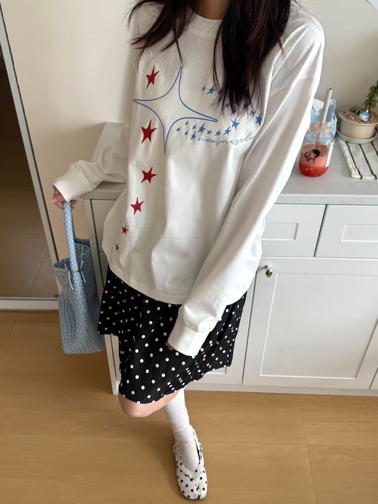 봄 가을 새로운 이후 패키지 칼라 긴팔 Luokou 티셔츠 별 프린트