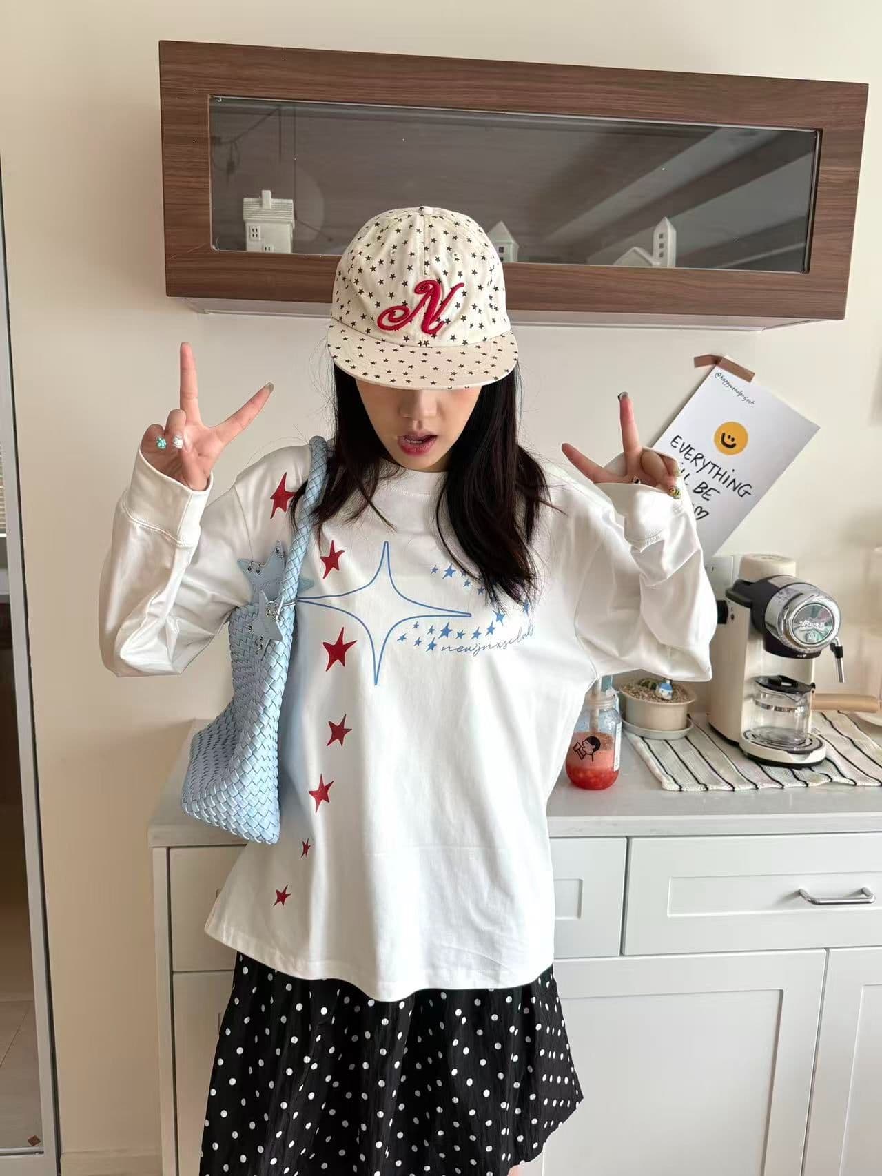 봄 가을 새로운 이후 패키지 칼라 긴팔 Luokou 티셔츠 별 프린트 상세 이미지 4