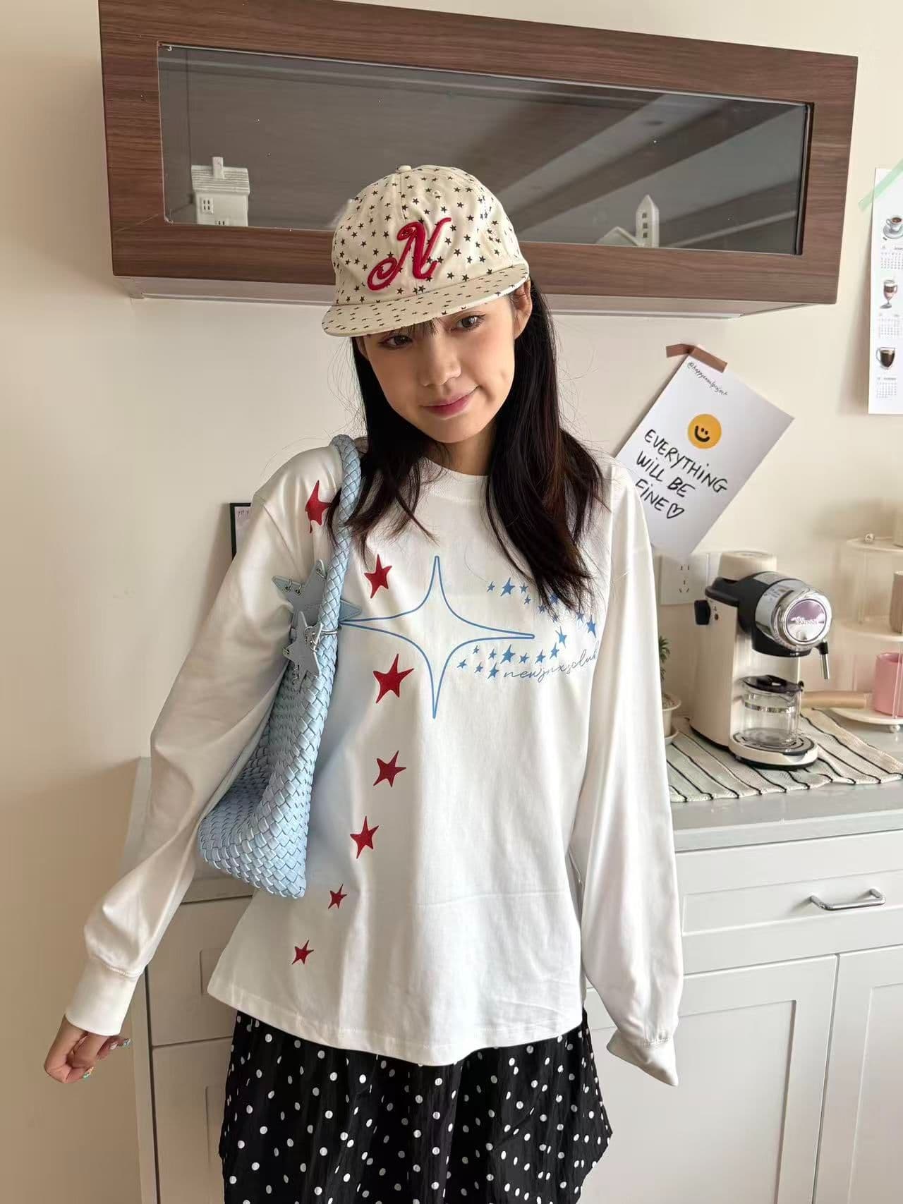 봄 가을 새로운 이후 패키지 칼라 긴팔 Luokou 티셔츠 별 프린트 상세 이미지 5