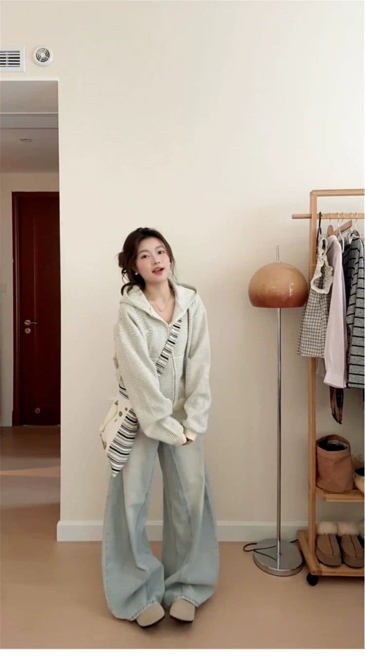 새로운 아메리칸 레트로 스트라이프 오픈 가디건 후드 티 스웨터 여성 루즈핏 디자인 센스 커플 재킷 트렌디 상세 이미지 4