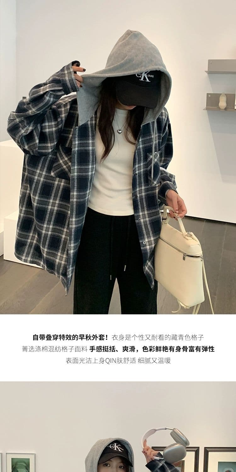 새로운 레트로 후드 격자 무늬 셔츠 학원 스타일 루즈핏 느긋한 바람 작은 키 셔츠 연삭 털 얇은 코트 상세 이미지 7