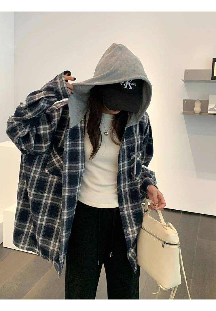 새로운 레트로 후드 격자 무늬 셔츠 학원 스타일 루즈핏 느긋한 바람 작은 키 셔츠 연삭 털 얇은 코트 상세 이미지 11
