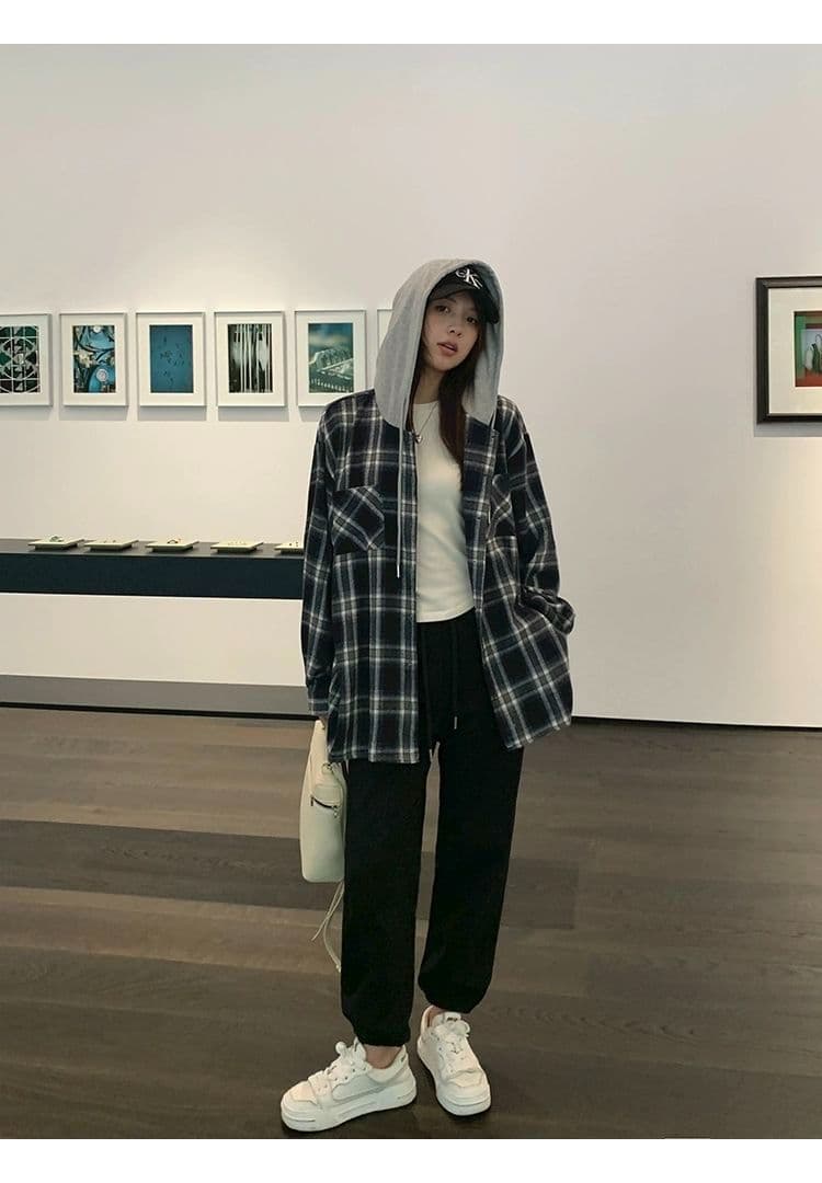 새로운 레트로 후드 격자 무늬 셔츠 학원 스타일 루즈핏 느긋한 바람 작은 키 셔츠 연삭 털 얇은 코트 상세 이미지 12