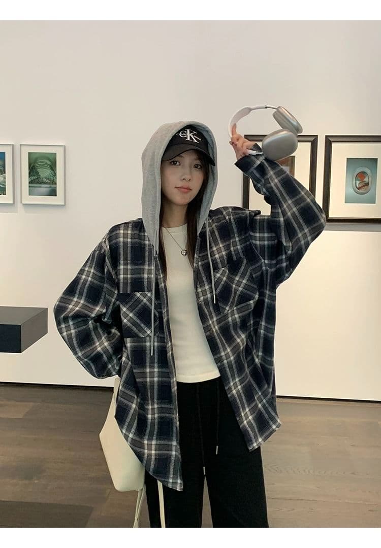 새로운 레트로 후드 격자 무늬 셔츠 학원 스타일 루즈핏 느긋한 바람 작은 키 셔츠 연삭 털 얇은 코트 상세 이미지 13