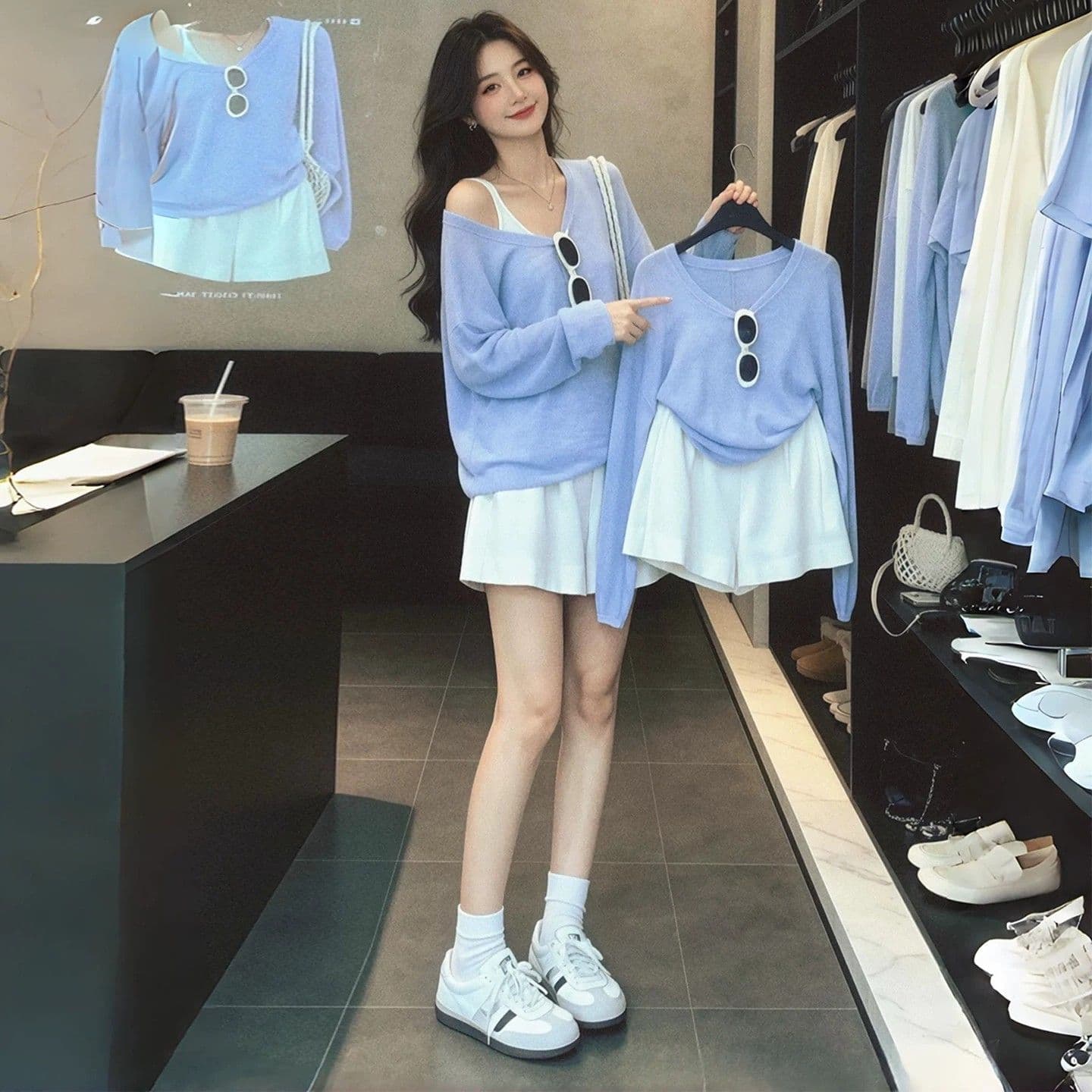 새로운 두 조각 루즈핏 비스듬한 어깨 긴팔 블라우스 티셔츠 여성 조기 가을 자외선 차단 착용 잡아라. 의류 이미지 3